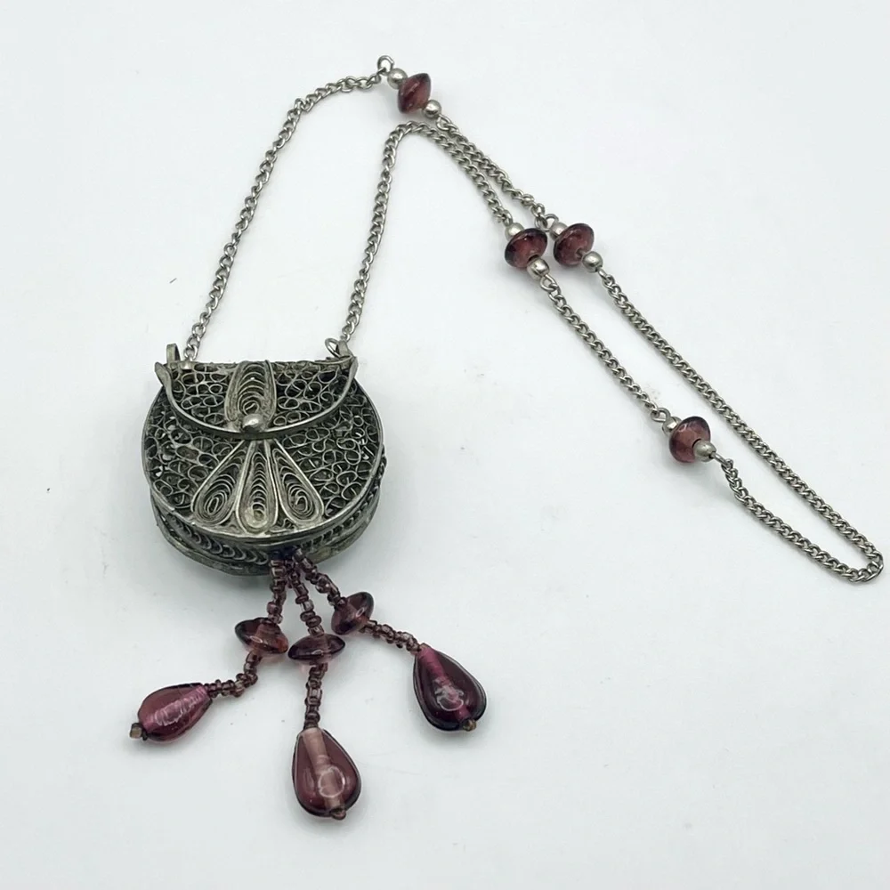 Antique Silver Filigree Purse Pendant Necklace With Amethyst Accents - Picture 6 of 15